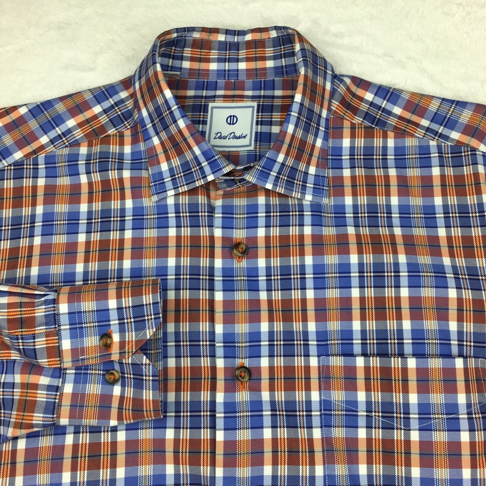 David Donahue Dress Shirt Mens Large Orange/Blue/White Plaid Long Sleeves